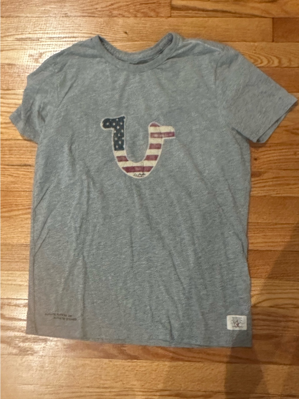 True Religion K Short Sleeve Tee in Heather Gray with Flag-Inspired Logo